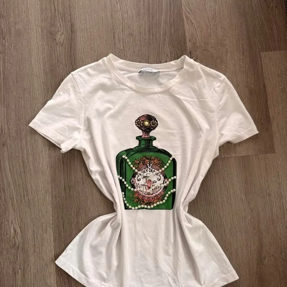 Zara White Perfume Graphic Baby Tee